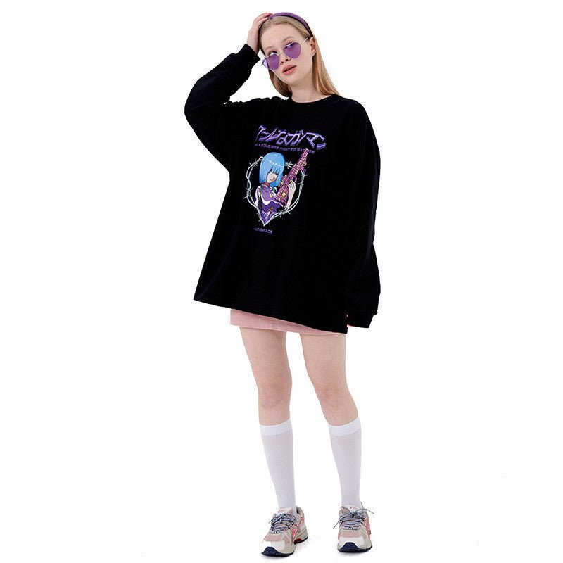 Anime Print T-shirt Men And Women Couple Long - sleeved Loose Casual Bottoming Top - TE&EM.inc