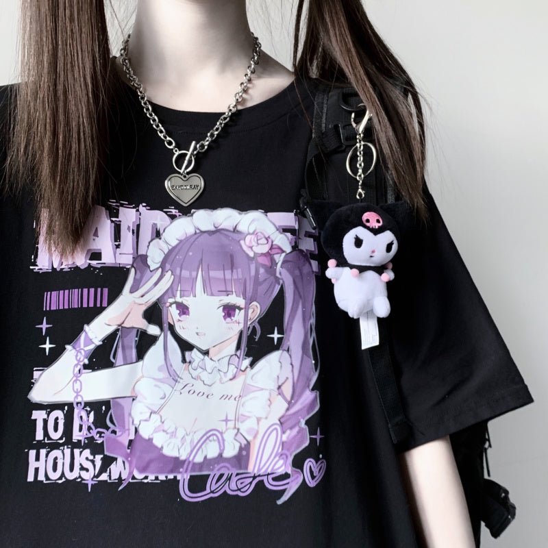 Anime Print White Short Sleeve T-Shirt Women - TE&EM.inc