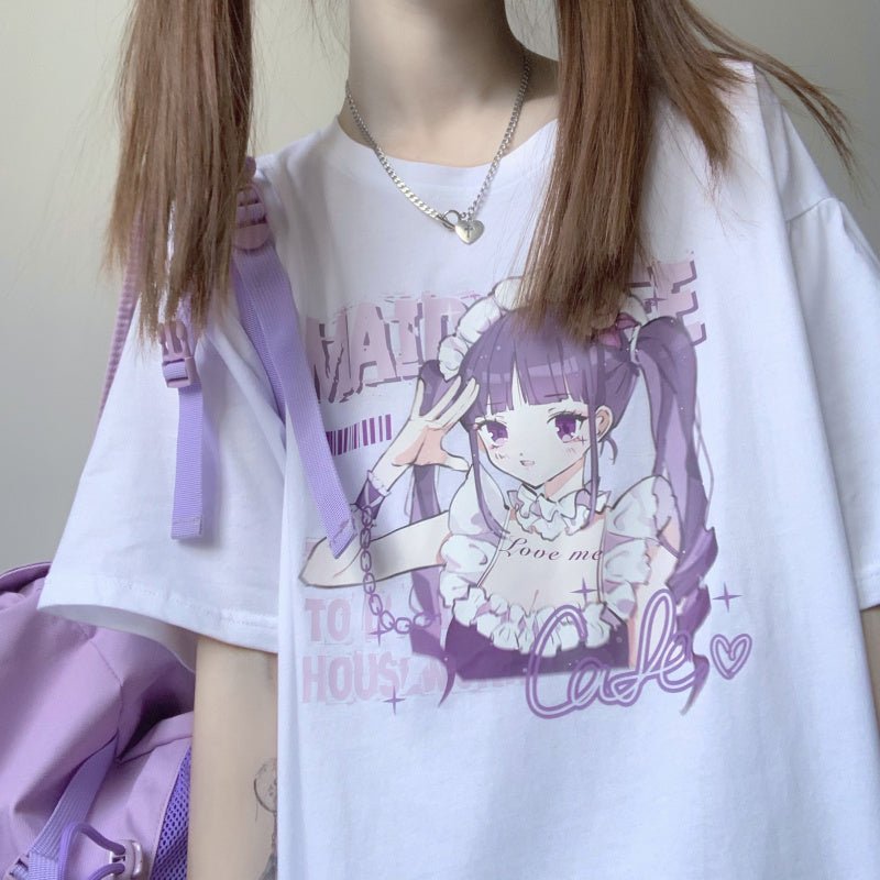 Anime Print White Short Sleeve T-Shirt Women - TE&EM.inc