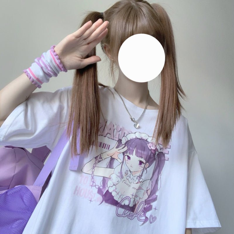 Anime Print White Short Sleeve T-Shirt Women - TE&EM.inc